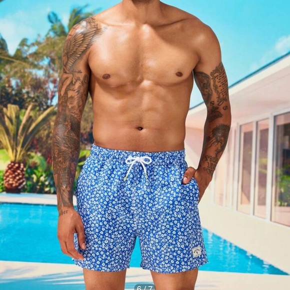 Men’s Blue & White Patterned Swim Trunks w/ Elastic Waistband Drawstring Size L - Picture 5 of 15